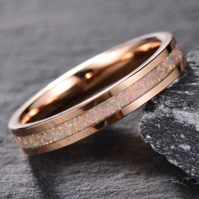 Ladies Opal Inlay Rose Gold Tungsten Carbide 4mm Band Ring