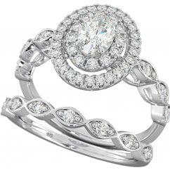 Ladies Sterling Silver Cubic Zirconia Oval Double Halo Silver Ring Set