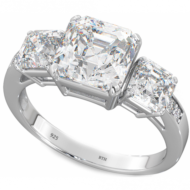 Ladies Three Stone Asscher Cut Silver Ring