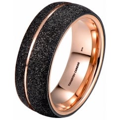 Ladies/Unisex Rose Gold Tone Tungsten Ring with Black Sandblasted Crystalline