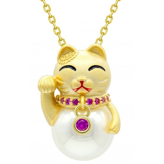 Maneki Neko Japanese Lucky Cat Charm Silver Pearl Necklace for Women