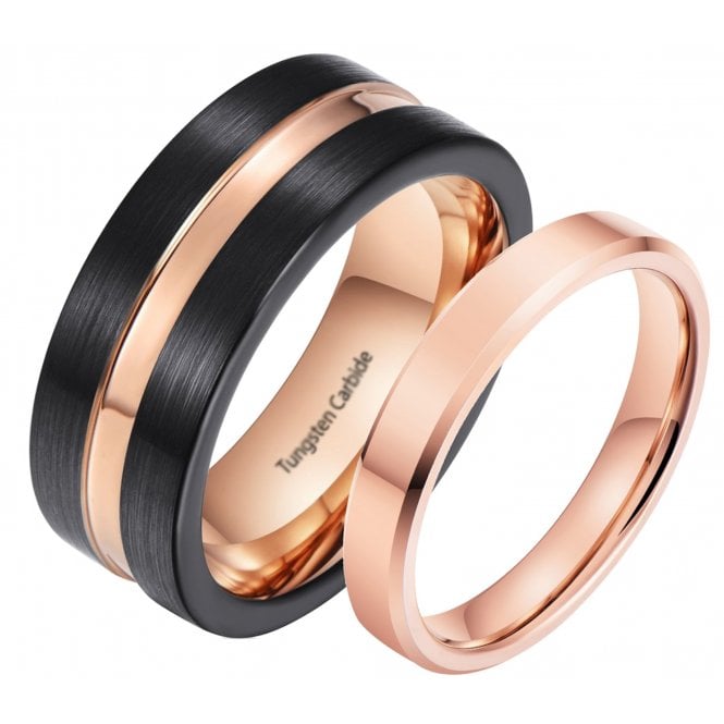 Matching Rose Gold & Black Tungsten His and Hers Couple Ring Set