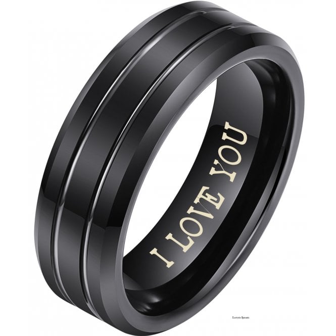 Men’s Black Tungsten Wedding Band – Classic Ring Engraved ‘I Love You
