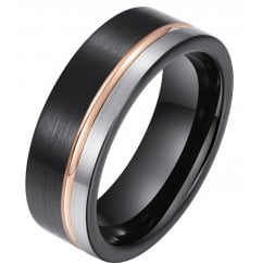 Men’s Tungsten Wedding Band – Rose Gold & Black, Comfort Fit