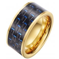Men's 10mm Blue Carbon Inlaid Gold Tone Tungsten Ring