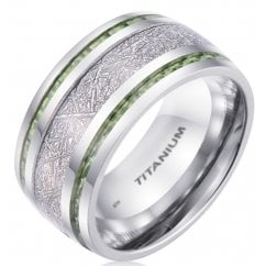 Mens 10mm Meteorite Inlay Titanium Wedding Band Ring With Green Carbon Fiber