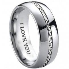 Mens 925 Silver Inlay Tungsten Ring Engraved with ‘I Love You '