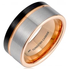Men's Black and silver 10mm Tungsten Wedding Band With Rose Gold Interior 