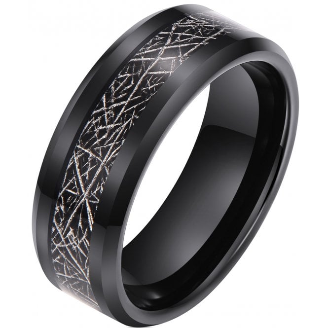 Men's Black Ring - Tungsten Wedding Band- Meteorite Inlay