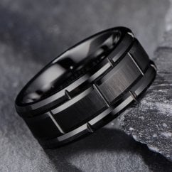Mens Black Tungsten Brick Pattern Band Ring - 8mm 