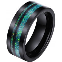 Mens Black Tungsten Ring with Green Opal Inlay
