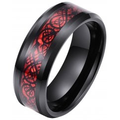 Mens Black Tungsten Ring With Red Celtic Dragon Inlay Wedding Band Ring