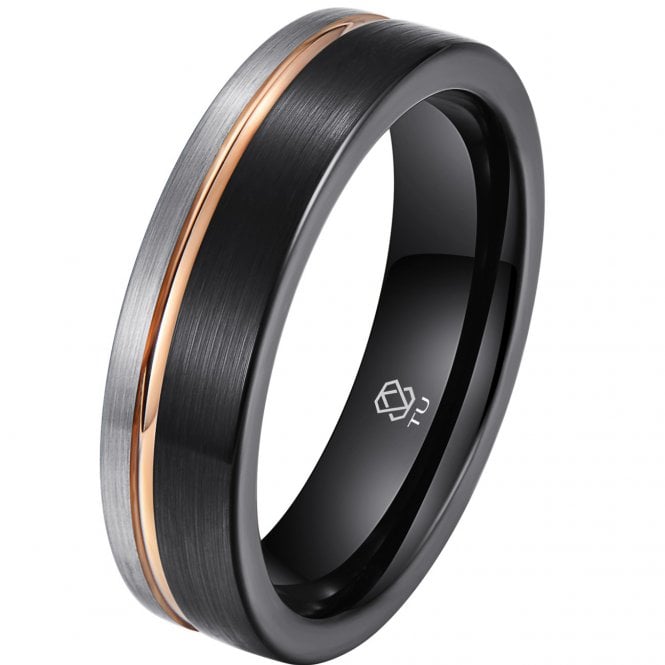 Men's Black Tungsten Wedding Ring with Silver and Gold - Unisex 
