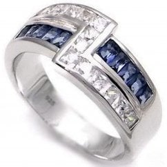 Mens Blue Sapphire CZ Silver Band Ring