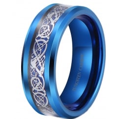 Men's Blue Tungsten with Silver Celtic Dragon Unisex Ring