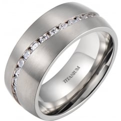 Mens Brushed Titanium Cubic Zirconia Wedding Band Ring 