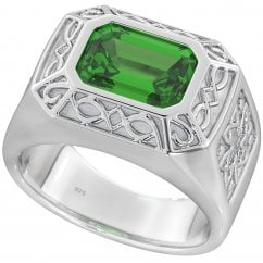 Mens Celtic 925 Sterling Silver Ring with Emerald-Cut Green Cubic Zirconia