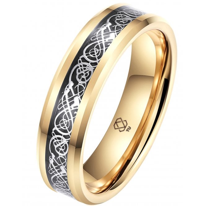 Mens Celtic Dragon Tungsten Gold Wedding Band - 6mm