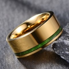 Men's Green wood Gold Tone Tungsten Ring