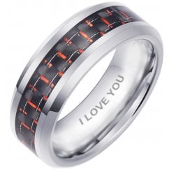 Mens Red Carbon Inlay 8mm Engraved I Love You Classic Wedding Band Ring