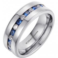 Men's Ring Titanium Wedding Band With Blue Sapphire Cubic Zirconia 