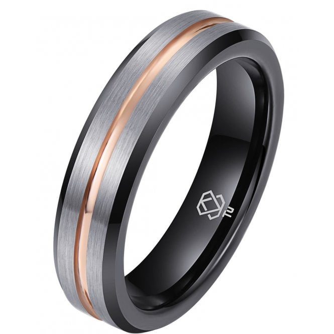 Mens Ring Tungsten Wedding Band - Silver with Black Interior & Rose Gold Groove 