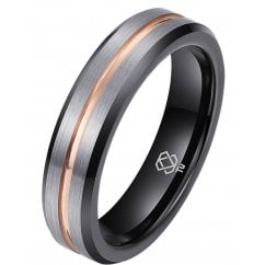 Mens Ring Tungsten Wedding Band - Silver with Black Interior & Rose Gold Groove 
