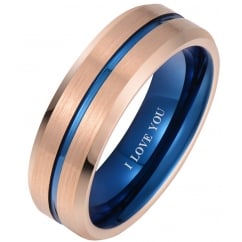 Mens Rose Gold Tone with Blue Interior Tungsten Ring - Engraved With I love you 