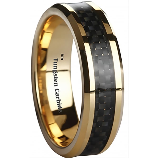 Mens Tungsten Carbide 6mm Black Carbon Fibre Gold Plated Wedding Band - Unisex 