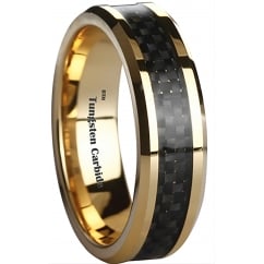 Mens Tungsten Carbide 6mm Black Carbon Fibre Gold Plated Wedding Band - Unisex 
