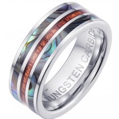 Mens Tungsten Carbide Abalone Shell Koa Wood Engagement Wedding Ring