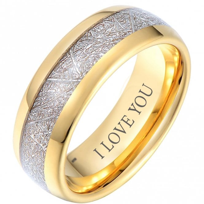 Mens Tungsten Carbide Meteorite Gold Tone Ring Engraved with ‘I Love You’