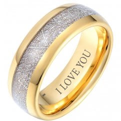 Mens Tungsten Carbide Meteorite Gold Tone Ring Engraved with ‘I Love You’