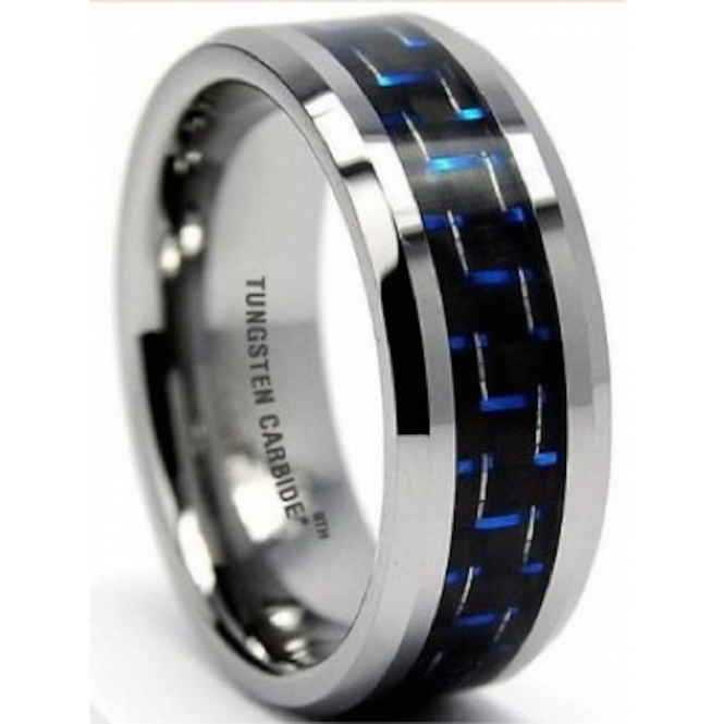 Men's Tungsten Carbide Ring- Blue and Black Wedding Band ! 