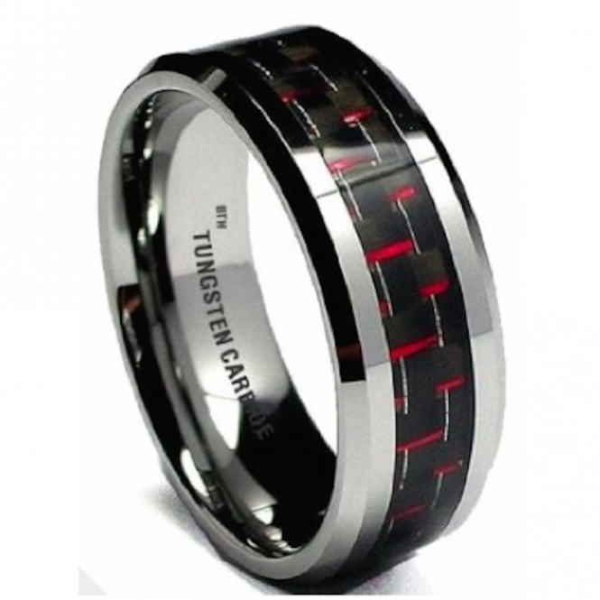Men's Tungsten Carbide Ring- Red and Black Wedding Band ! 