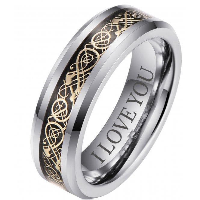  Mens Tungsten Celtic Dragon Wedding Band Engraved with ‘I Love You’ - 8mm