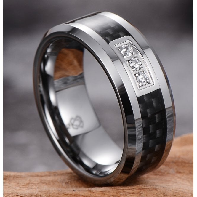 Men's Tungsten CZ Ring with Carbon Fiber Inlay Wedding Band
