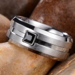 Mens Tungsten Wedding Band Ring with Black Stone