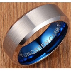 Mens Tungsten Wedding Band Ring with Blue Interior 