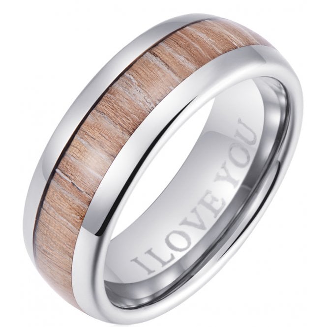 Mens Tungsten Wedding Band Ring - Wood Inlay - Engraved with ''I Love You ''