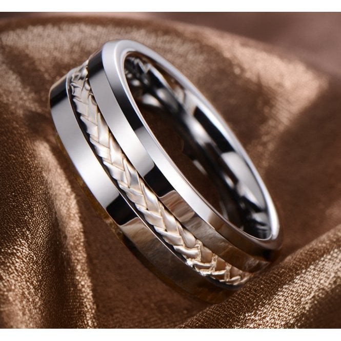 Mens Tungsten Wedding Band with 925 Sterling Silver Inlay