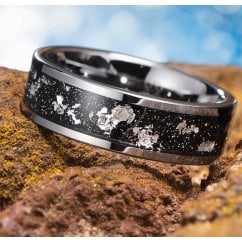 Men's Tungsten Wedding Ring - Silver Leaf & Black Sand Inlay -6mm - Unisex