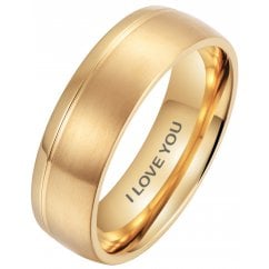 Mens Unisex 7mm Gold Tone Titanium Wedding Ring- Engraved with I Love You 