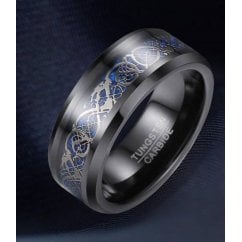 Engraved I Love You -Mens/Unisex Blue Celtic Dragon Inlay Black Tungsten Ring