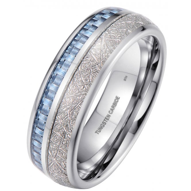  Mens/Unisex Tungsten Band Ring With Blue Carbon Fibre & Meteorite Inlay