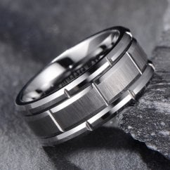 Mens White Tungsten Brick Pattern Band Ring - 8mm 