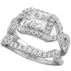 Princess Cut Halo Design 2 piece 925 Sterling Silver Luxury Affordable Wedding Engagement Bridal Ring Set