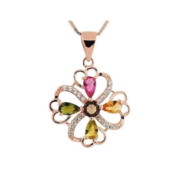 Rose gold over 925 Silver Colourful Birth Stones Four Leaf Clover Necklace 