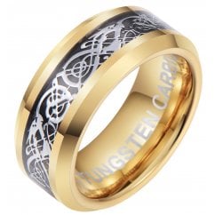 Silver Celtic Dragon Inlay Gold Tone Tungsten Wedding Band Ring
