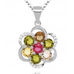 Silver Flower Necklace With Colourful Birth Stones